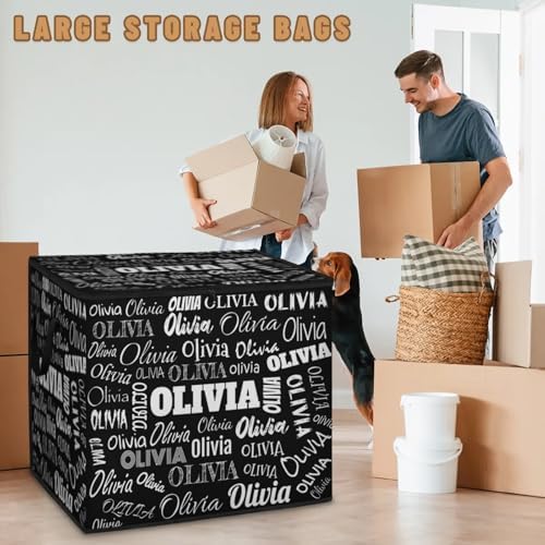 Custom Name Storage Bin with Lid, Personalized Extra Large Black Storage Basket with Handles Zippers for Organizing Comforters, Blankets, Bedding Closet Shelf Baskets