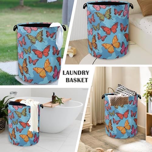 Colorful Butterfly Laundry Basket,Foldable Oxford Cloth Tote Bag Laundry Hamper Clothes Storage Bucket Organizer for Bedroom Laundry Storage Dormitories 16" x 20.8"