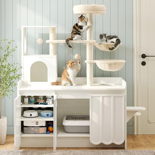 50.6 Inch Cat Tree with Litter Box Enclosure and Storage, White | Hidden Litter Box Cabinet with Multi-Level Platforms, Dual Hammocks, Sisal Scratching Posts, Condo and Top Perch for Play