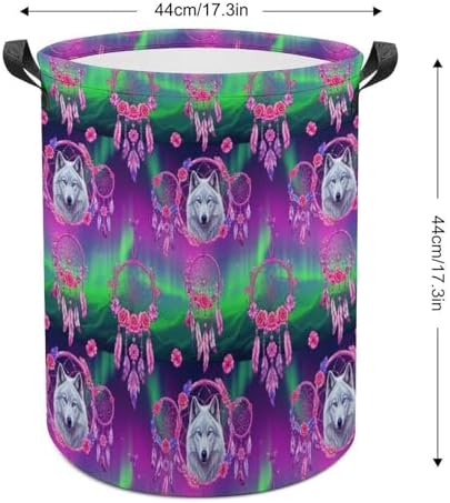 Large Foldable Laundry Basket Flower Dream Catcher Boho Wolf, Waterproof Hamper with Handles for Clothes, Toys, and Towel Organization at Home