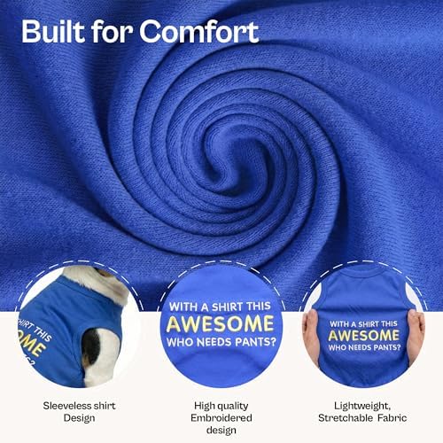 Parisian Pet Dog Tshirt - Embroidered “ Awesome “ Tank Top - Pure Cotton and Lightweight Dog Clothes - Blue Pet Vest - Sleeveless Tee Shirts for Small Dogs Boy