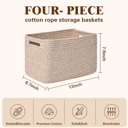 Storage Baskets for Organizing, 4 Pack Baskets for Shelves, Decorative Storage Bins for Shelves, Cotton Rope Storage Basket with Handles, Woven Basket for Storage, 13''Lx8.7''Wx7.9''H, Brown