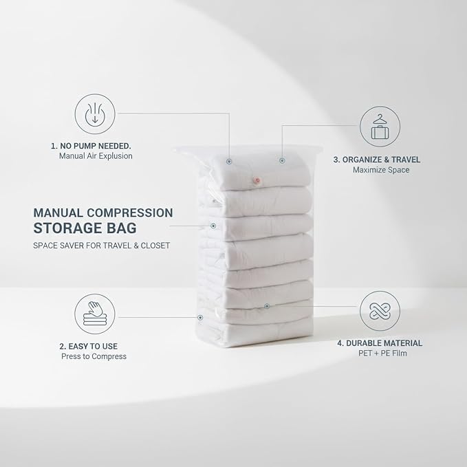 1 Pack Manual Compression Storage Bag, Space Saver with One-Way Valve for Travel and Closet Organization, Durable PET PE Material