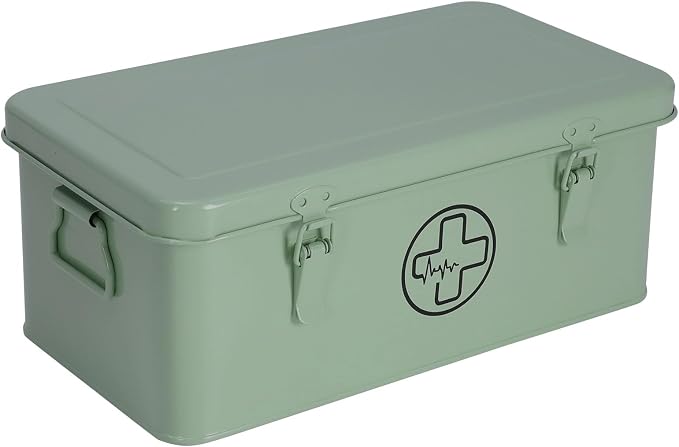 First Aid Medicine Box, First Aid Kit Supplies Bin, Metal Medicine Storage Tin, First Aid Empty Box with Safety Lock for Home Emergency Tool Set-Green
