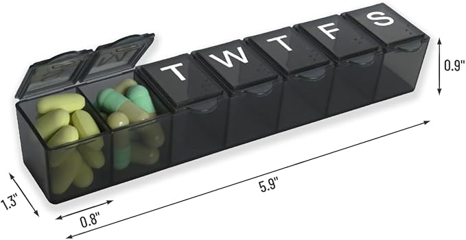 2 Pack Weekly (7-Day) Pill Organizer, 7 Days Pill Case Travel Daily Pill Box Portable Medicine Organizer and Planner with Compartment for Vitamins, Fish Oil, Supplements and Medication(Black&White)