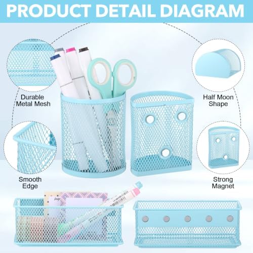 Weysat Set of 5 Magnetic Locker Accessories Mirror with 2 Magnetic Pen Holder and 2 Wire Mesh Storage Basket for Students Back to School Locker Organizer for Office End of School Years Gifts(Blue)