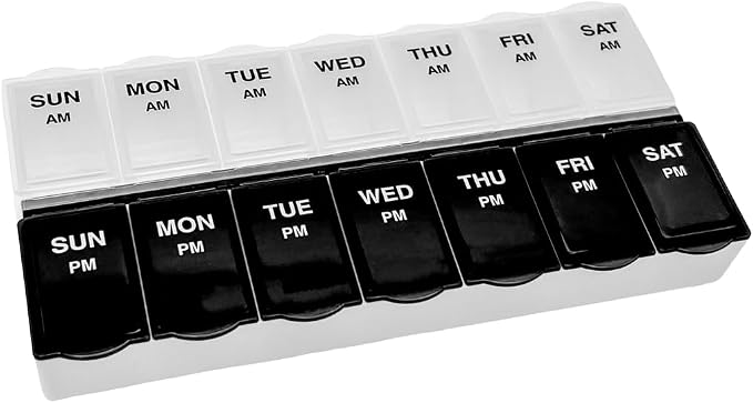 Amazon Basic Care 7-Day AM/PM Pill Organizer, Vitamin Case and Medicine Box with Large Compartments, 2 Times a Day, Black and Clear Lids