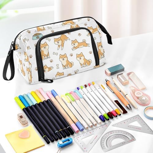 Emelivor Cute Pets Dog White Print Pencil Case Large Capacity Pencil Pouch Bag with Compartmens Pen Organizer Portable Stationery Bag for School Office Adults College Teens