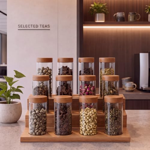 Suclain 12 Pack 15oz Clear Tea Storage Containers with Airtight Lids 15oz Plastic Food Storage Jar with Acacia Wood Lids for Loose Tea Coffee Sugar Candy Herbs and Spices