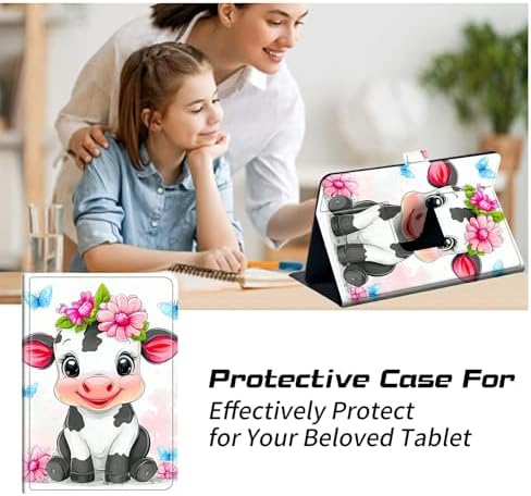 Universal Case for T-Mobile Revvl Tab 2 10.1" Model:9185W 2025/Revvl Tab 5G 10.36" 2023, 360 Degree Rotating Kickstand Protective Stand Leather Shell Cover for 9"-10.5", Flower Cute Cow