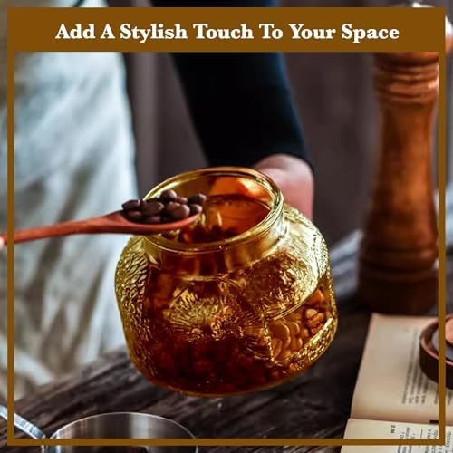 Decorative Amber Embossed Glass Jar with Airtight Wooden Lid, 25.4 fl. oz | Wide mouth vintage storage canister, kitchen pantry bathroom organization, coffee sugar tea cookie candy candle vase gift