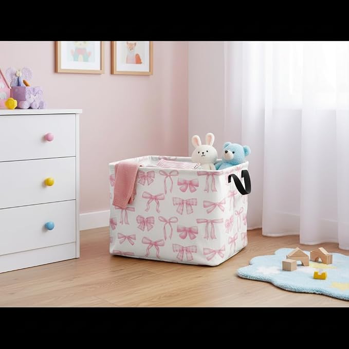 Rectangular Kids Basket Baby Girl Basket Fabric Storage Bin Organizer Box Room Decor(Beautiful Bowknot)
