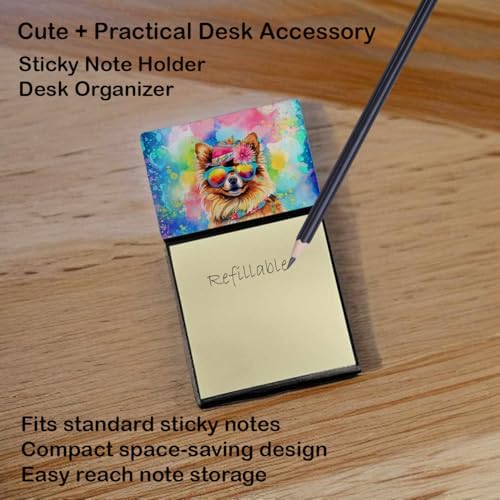 Caroline's Treasures Pomeranian Hippie Dawg Sticky Note Holder Refillable Dispenser Self-Sticky Note Pads, Memo Pads Blank Desk Accessories