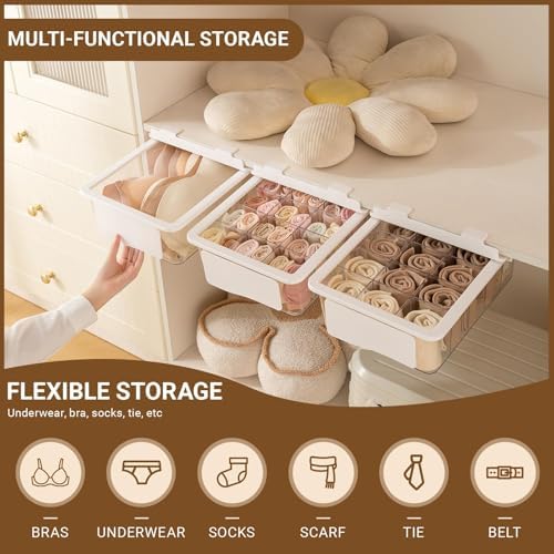 Pull Out Sock Organizer for Closet, 15 Cells Detachable Underwear Drawer Organizer with Slide Rail, Clear Women Drawer Storage for Underwear, Socks, Ties, Belts, Scarf