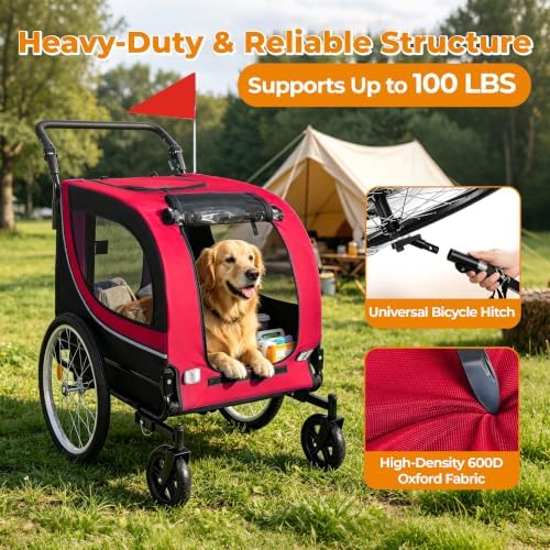 2-in-1 Pet Bike Trailer & Dog Stroller for Ebikes, Heavy-Duty Foldable | Heavy-duty powder-coated steel frame supports up to 100 lbs. 600D Oxford fabric is tear-resistant and sun-protective. Co