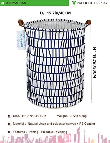 Round Laundry Basket Collapsible Storage Hamper Organizer Blue Stripes | Waterproof Canvas Foldable Baskets with sturdy Handles Multi-scene Organizer for Home Play Bedroom Gift Bin