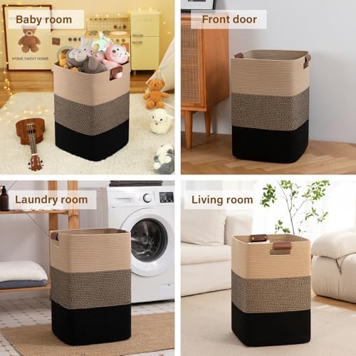 Laundry Hamper 96L Extra Large Laundry Basket, Woven Blanket Basket | Cotton Woven Storage Hamper with Handles for Living Room, Large Baskets for Pillows, Blankets, Clothes-Black & Yellow