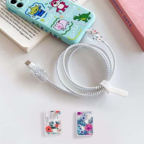 Cute Flowers Cable Protector for iPhone Type-c Charger,Red Roses Camellia Green Leaves Bouquet Pattern 4 PCS Set Cable Protector for Women Girls Kids Teen,Cable Chomper,Phone Charger Saver-Clear