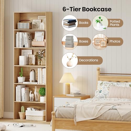 GIANTEX 6-Tier Bookcase, 70" Tall Wooden Bookshelf, Freestanding Storage Organizer w/Open Shelves, Anti-Tipping Kits, Modern Floor Standing Display Shelves for Living Room, Bedroom,Natural