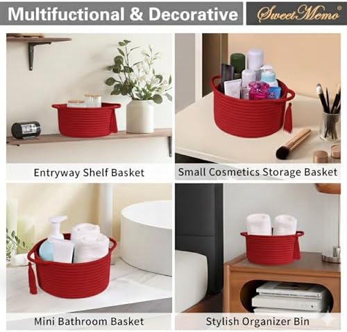 Small Gift Basket Empty to Fill with Cellophane Bag & Ribbon, Red | Cute Decorative Mini Woven Rope Basket with Handles for Gifting; Reusable for Bathroom Counter or Desk Catchall, 8 x 4.7 in