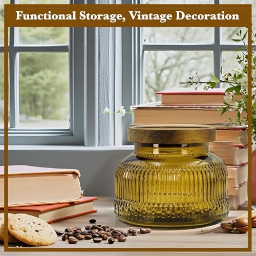 Decorative Amber Ribbed Glass Jar with Airtight Wooden Lid, 25.4 fl. oz | Wide mouth vintage storage canister, kitchen pantry bathroom organization, coffee sugar tea cookie candy candle vase gift
