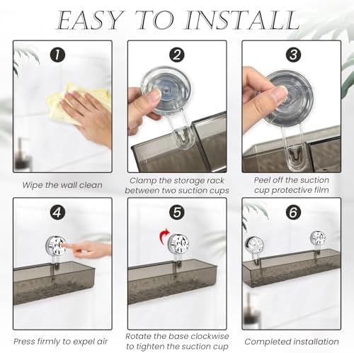 Huakaile 15''/38.2 CM Corrugated Suction Cup Storage Holder Shelf, Wall-Mounted Suction Shower Caddy with Drainage Holes & 4 Hooks No Drill Movable Rack Organizer for Bathroom Kitchen (Gray)