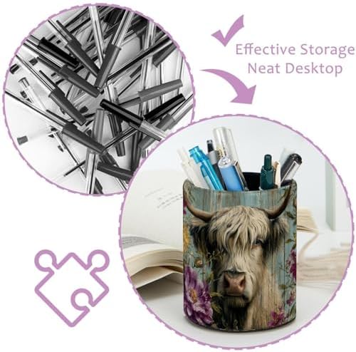 Faux Leather Pen Holder for Desk, Pencil Organizer Highland Cow Pen Cup Desk Decor Makeup Brush Holder Storage for Office Home