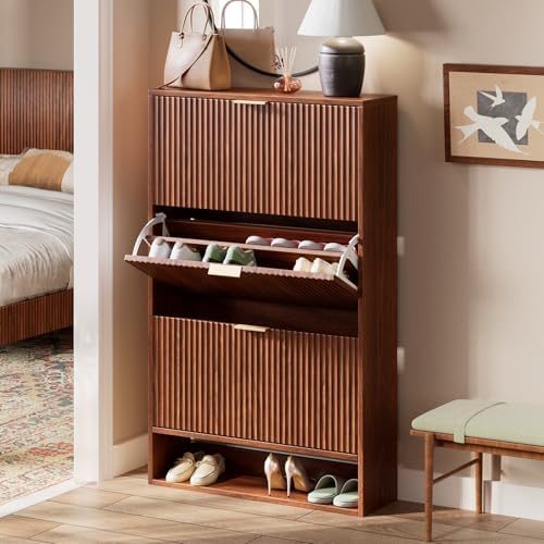 Evermagin 31.5''W Walnut Shoe Cabinet Storage for Entryway, Fluted Slim Shoe Dresser with 3 Flip Drawers, Narrow Shoe Rack Cabinet, Hidden Shoe Organizer Cabinet for Entrance, Hallway