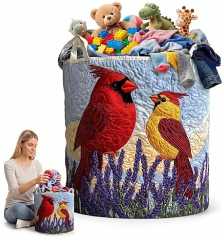 Large Cardinal Birds Quilted Laundry Hamper, Country Garden Print Storage Bucket with Handles, Rustic Style Fabric Clothes Organizer Bag for Home(20" x 28")