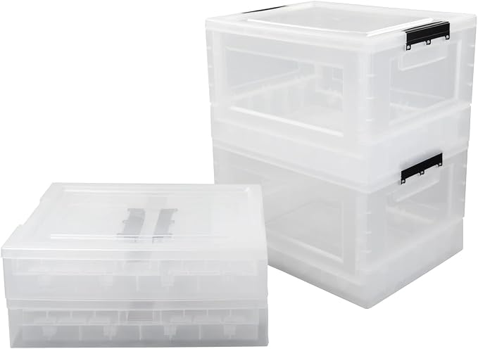 4-Pack 32 Quart Clear Collapsible Storage Bins with Lid | Clear Stackable Plastic Organizer Boxes, Foldable for Closet, Pantry, Dorm Storage