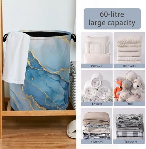 Blue Gold Marble Laundry Basket,Foldable with Handles Tote Bag Oxford Cloth for Bathroom Bedroom Dirty Clothes Storage Bucket 16" x 20.8"