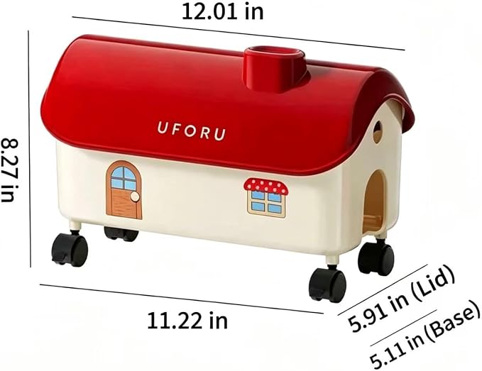Cable Management Box with Decorative Beads, House Shaped Power Strip Storage, pet Proof Cord Concealer, Rolling Wire Organizer, Maple red Decorative Cord Box