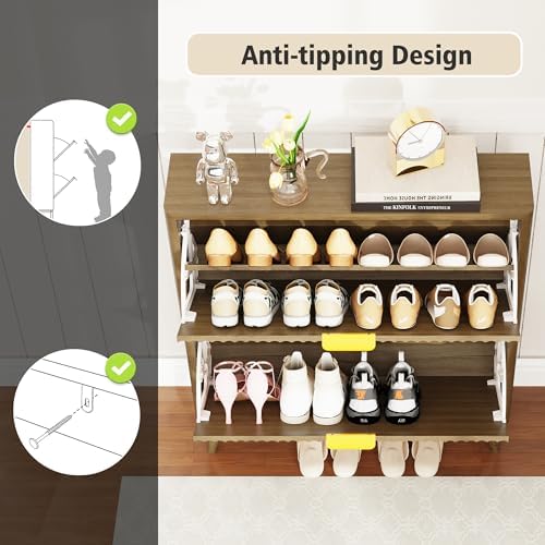 KIGOTY Narrow Shoe Storage Cabinet, Shoe Cabinet with 2 Flip Drawers, Freestanding Shoe Organizer with Legs for Entryway, Slim Shoe Rack Cabinet for Enterway (Light Brown, 2 Flip Drawer)