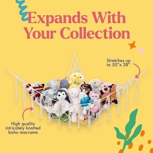 Lilly's Love Stuffed Animal Storage Macrame Hammock, Large - Boho Room Decor Toy Storage - Corner Hanging Plushie Stuffed Animal Net Organizer (Black)