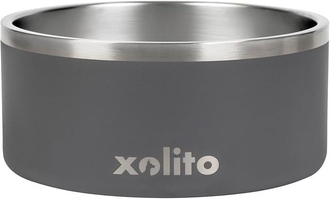 Xolito Pets Stainless Steel Dog Bowl 64 oz - Non-Slip Insulated Water Bowl for Large Dogs - Heavy Duty Double Wall Metal Feeder for Food & Water, Dishwasher Safe (Grey)