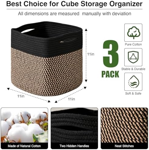 ICERZCZ 11 Inch Cube Storage Bins, Storage Cube Organizer Bins, Woven Cotton Rope Baskets for Storage, Storage Basket for Organizing Shelves, Square Baskets for Toys Nursery, Black & Jute (Pack of 3)