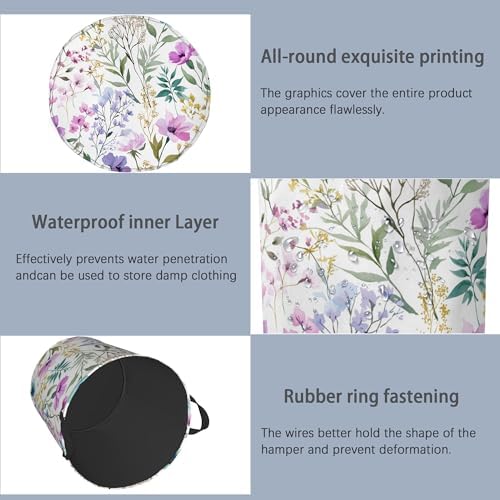 Wildflower Plant Laundry Basket,Botanical Oxford Cloth Laundry Hamper with Handle Foldable Portable Clothes Storage Basket for Bathroom Bedroom Dorm Room 16" x 20.8"