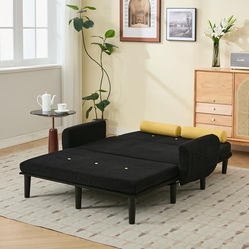 52" Corduroy Love seat Sofa Day Bed Recliner with Storage Pocket USB Charger Minimalist Design 2-Seat Sofa Set with Velvet Fabric for Living Room Office Apartment Black