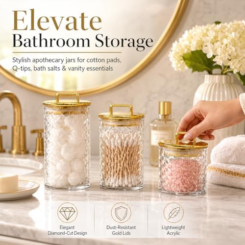 3-Pack Diamond-Cut Acrylic Storage Jars with Gold Lids – Airtight Clear Canisters for Bathroom & Kitchen | Apothecary Jars for Cotton Pads, Qtips, Snacks, Candy & Home Organization