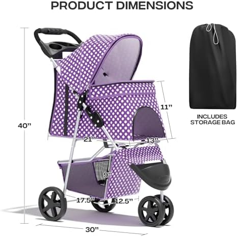 Foldable 3-Wheel Pet Stroller for Dogs & Cats, Purple Polka Dots | Storage Basket & Cup Holder, Breathable Mesh Cover, Lightweight and Durable, for Small to Medium Pets, up to 33 lbs