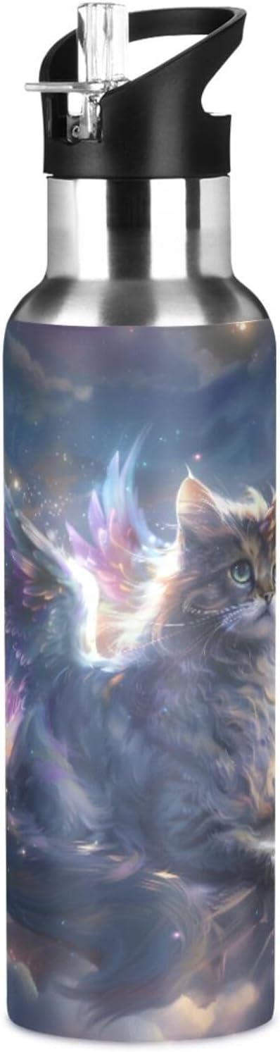 Unicorn Cat with Wings Water Bottle with Straw Lid Kids Insulated Stainless Steel Water Flask Sports, 20 Oz Hot Cold