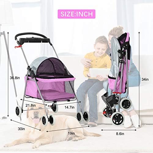 Meet Perfect Pet Stroller for Small/Medium Dogs & Cats, Pink, Foldable | Waterproof fabric helps protect pets during outdoor travel; Mesh panels provide ventilation and visibility.