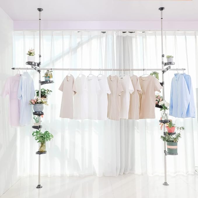 Plant Stand Floor to Ceiling-12 Trays Flower Pot Holder Tension Rod Grey | Indoor Telescopic Display Rack with 2 Hooks & Drying Rod | Adjustable Storage Organizer for Home Garden Decor | BAOYOUNI