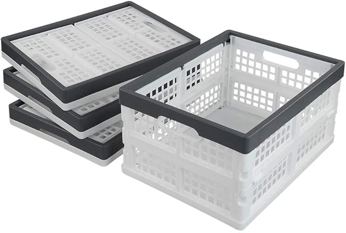 Teyyvn 4-Pack Collapsible Milk Crates, 15L Plastic Stackable Storage Bins | Utility Folding Baskets, Ventilated Design for pantry, garage, closet and grocery storage
