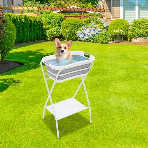 2 In 1 Elevated Dog Bathtub, Foldable Pet Washing Station with Stand | Foldable Frame with PP/Tpe Basin – Supports Up to 110 Lbs for Small Pets, Includes Restraint Belt and Bottom Storage Rack