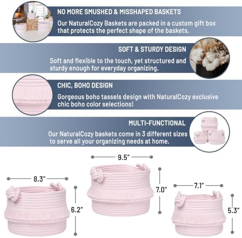 NaturalCozy 3-Piece Decorative Storage Basket Set – Pink Cotton Rope Small Woven Baskets for Organizing for Nursery Baby Stuff, Gift, Vanity, Montessori, Dog Cat Toy Bin, Planter, Bathroom Shelves