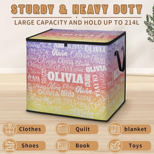 Custom Comforters Storage Basket with Lid, Personalized Name Large Organizer Bin for Pet/Children Toys, Books, Clothes, Perfect for Rooms/Playroom, Gradient Colorful Purple Yellow Red Glittery