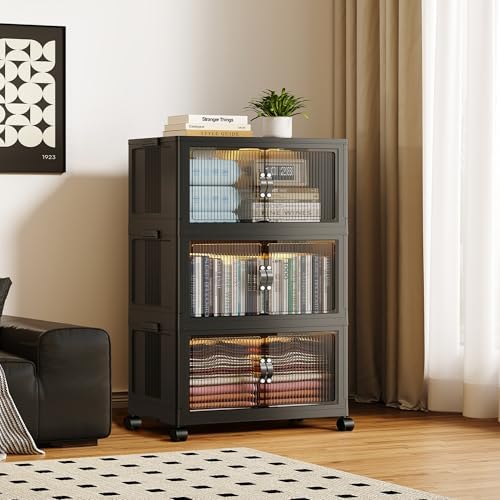 SAILUN 348Qt Stackable Storage Bins,Storage Cabinet with a Lid,3 Pack Black