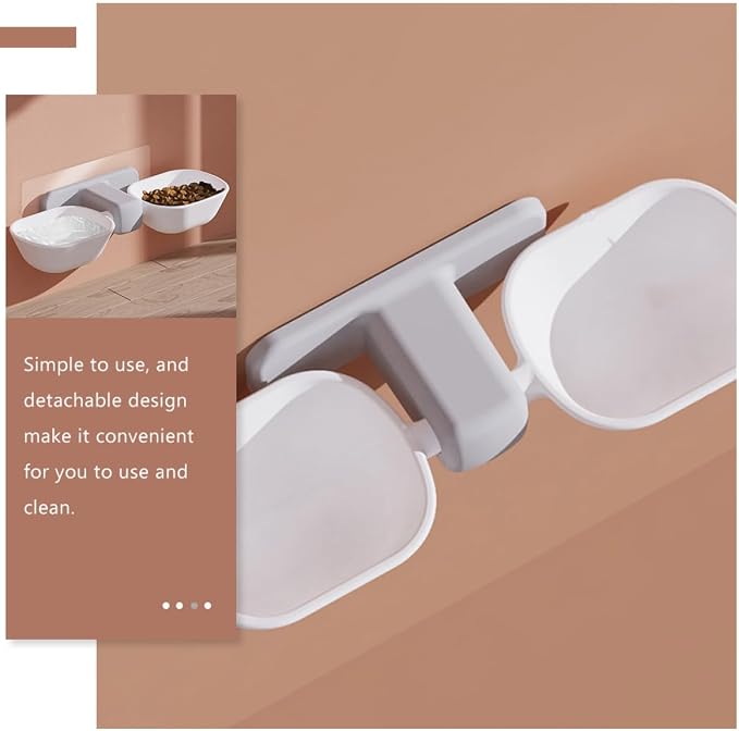 POPETPOP Wall-Mounted Pet Feeder Bowl Set, Dual Feeding Bowls for Cats and Dogs, White Plastic Food and Water Dish with Neck Protection, Space-Saving Wall Holder for Indoor Pets