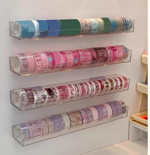 SUNGOOYUE Tape Storage Box, PET Tape Organizer with Adhesive Wall Mounted Design, 2 Pcs 12.4 X 1.97 X 1.18 in, Clear Space Saving Holder for Washi Scrapbooking Craft Room (Transparent)